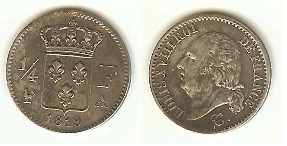 Quarter Franc Louis XVIII 1819A Paris AU